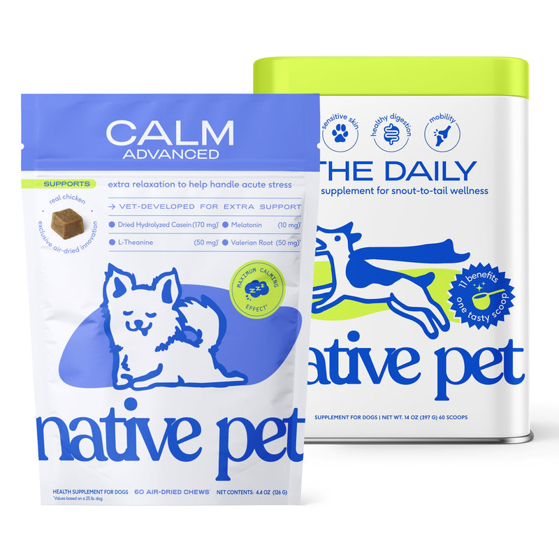 Native Pet Advanced Calming Chews for Dogs & The Daily Dog Vitamins & Supplements - 11-in-1 Multivitamin Powder - Supports Whole Body Health, Mobility, Immunity & Anxiety Related Behavior - 60 Count