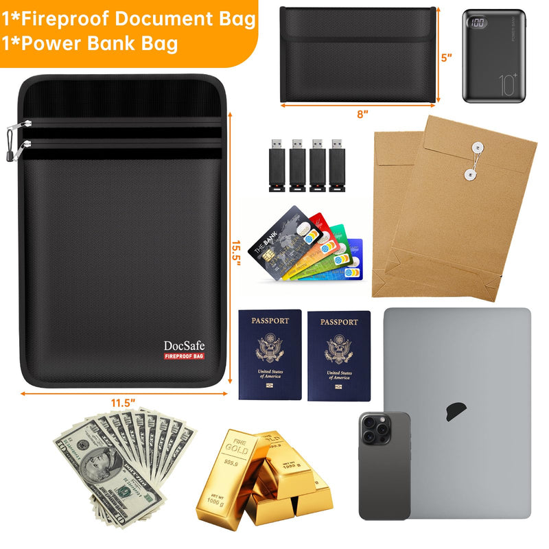 DocSafe Fireproof Document Bag (5200℉) with Fireproof Organizer Travel Case,Heat Insulated Fire＆Water Resistant 8 Layers Safe Money Bag Storage for Important Documents,Cash,Power Bank,Valuables,Black Black - NewNest Australia