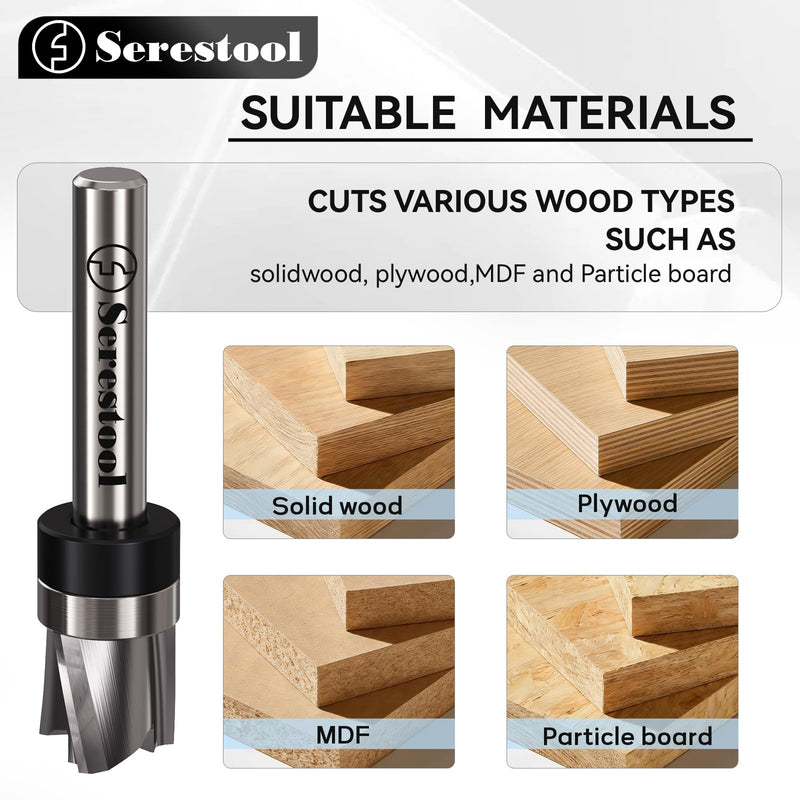 Top Bearing Flush Trim Router Bit 1/4 Shank, 1/2" Cutting Diameter, 1/2" Cutting Length, 3 Flutes Down Cut, Carbide Spiral Pattern Template Bit for Wood Trimming 1/4"x1/2"x1/2"