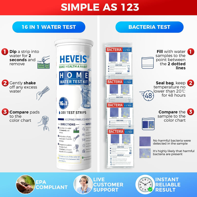 17 in 1 Home Drinking Water Testing Kit - 100 Strips + 4 Bacteria Tests - Tap and Well Water Test Kit, Easy to Test and Read for Hardness, Lead, Iron, Fluoride, pH, Copper, Bacteria and More Blue