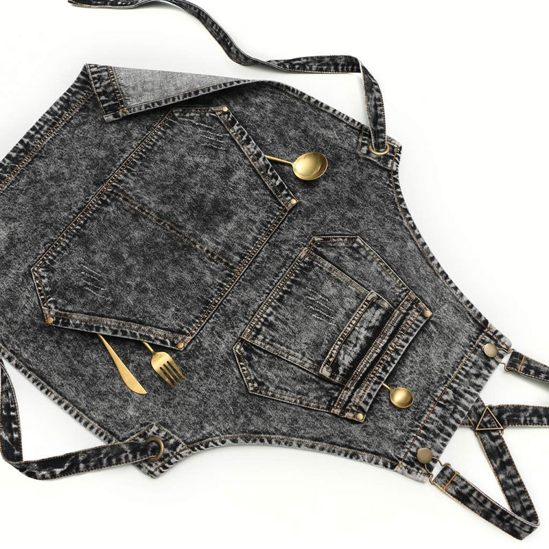 Jeanerlor - Denim Apron with Pockets for Hair Stylist Gardening Craftsmen Barista Women Hairdresser Jean Work Apron Cross Straps & Adjustable S to L (Black) Medium Black