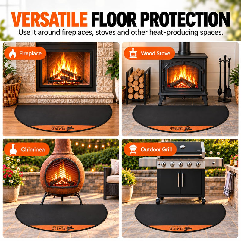 FLASLD Fireproof Fireplace Mat 28×48Inch Half Round Floor Protector 28×48 inch (Semicircular) Black with brown label