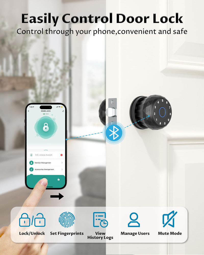 Biometric Fingerprint Door Lock, Smart Keyless Entry Knob | Fingerprint Unlock, Keypad Entry, APP Control, Auto Lock, Easy Install, Multi-User Access, Low Battery Alert, Bedroom Office Black-Diamond