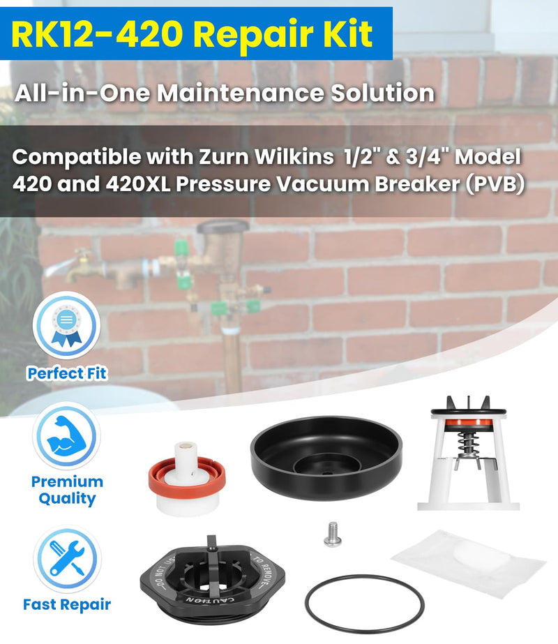 Toolixor RK12-420 Repair Kit Compatible with Zurn Wilkins 1/2" & 3/4" Model 420 and 420XL Pressure Vacuum Breaker (PVB), Complete Maintenance Kit with Seat, Float, Bonnet, O-Ring, Canopy & Screw