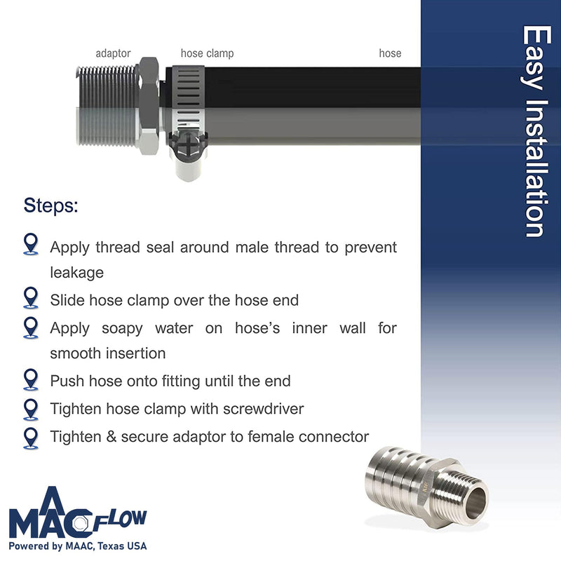 MAACFLOW Stainless Steel 1/8" Male NPT to 5/16" Hose ID Barb Barbed Hose Fitting Adaptor Connector (Pack of 2) 5/16" Barb x 1/8" Male NPT Pack of 2