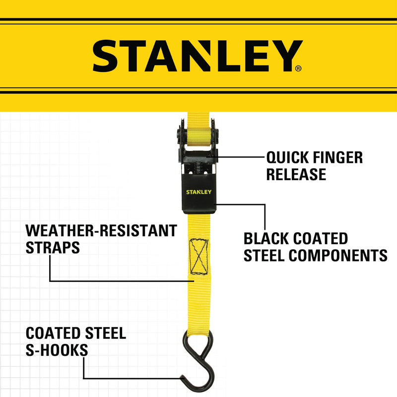 STANLEY S9500 Black/Yellow 1" x 10' Ratchet Straps - Light Cargo (300 lb Working Load / 900 lb Break Strength), 4 Pack 1" x 10'