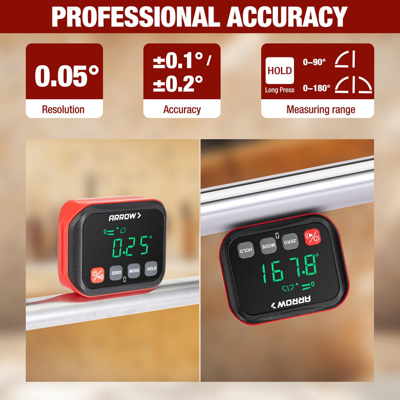 ARROW Digital Angle Gauge with Magnetic Base for Table Saw, Woodworking, Pipe Installation, ±0.1° Accuracy Angle Finder with Calibration, Dual Range, Auto-Rotating LCD Display with Audible Indicator