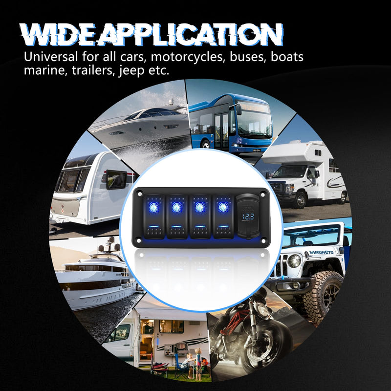 4 Gang Rocker Switch Panel with 4.8 A Dual USB Charger and Voltmeter Pre-Wired Waterproof 12V/24V DC Aluminum Switch Panel with 132PCS Night Glow Stickers for Cars UTVs ATVs Trucks Boats RVs 4 Gang Right