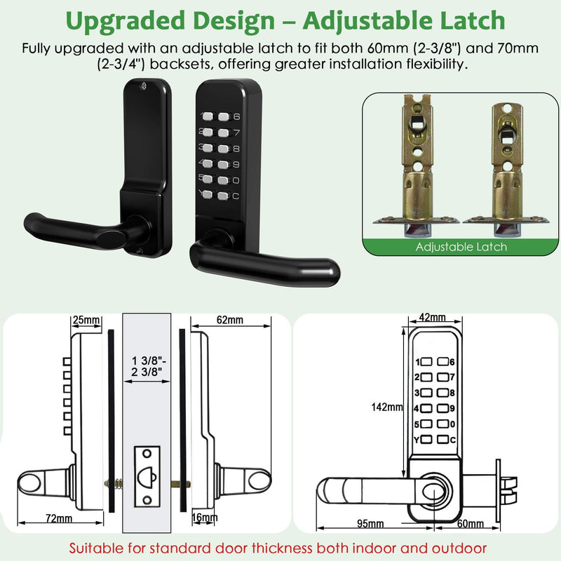 High-Security 12 Digit Keypad Mechanical Door Lock - Keyless Entry, Mechanical Code Lock with Handle, Waterproof & Rustproof, No Battery, Easy to Install, BH-MDLS0020202 Matte Black