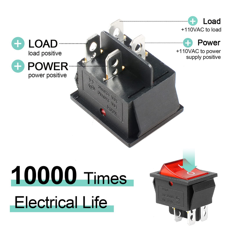 QTEATAK 2Pcs AC 20A/125V 15A/250V DPST 4 Pins 2 Position ON/Off Boat Rocker Toggle Switch with Red LED Light AC 16A/250V 20A/125V