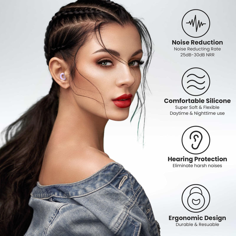 Ear Plugs for Sleeping, 2 Pairs of Reusable Earplugs for Noise Reduction 25dB-30dB with 8 Ear Tips, Soft Hearing Protection Ear Plugs for Concert,Noise Sensitivity, Study & Work Orchid