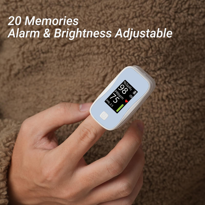 Pulse Oximeter Fingertip, Blood Oxygen Monitor with 20 Memories, Alarm & Brightness Adjustable, Batteries & Lanyard