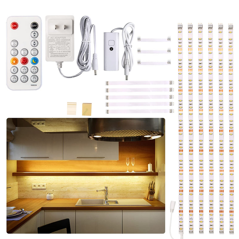 WOBANE Under Cabinet LED Lighting kit, 6 PCS LED Strip Lights with Remote Control Dimmer and Adapter, Dimmable for Kitchen Cabinet,Counter,Shelf,TV Back,Showcase 2700K Warm White,Bright 1500lm,Timing 6*20inch