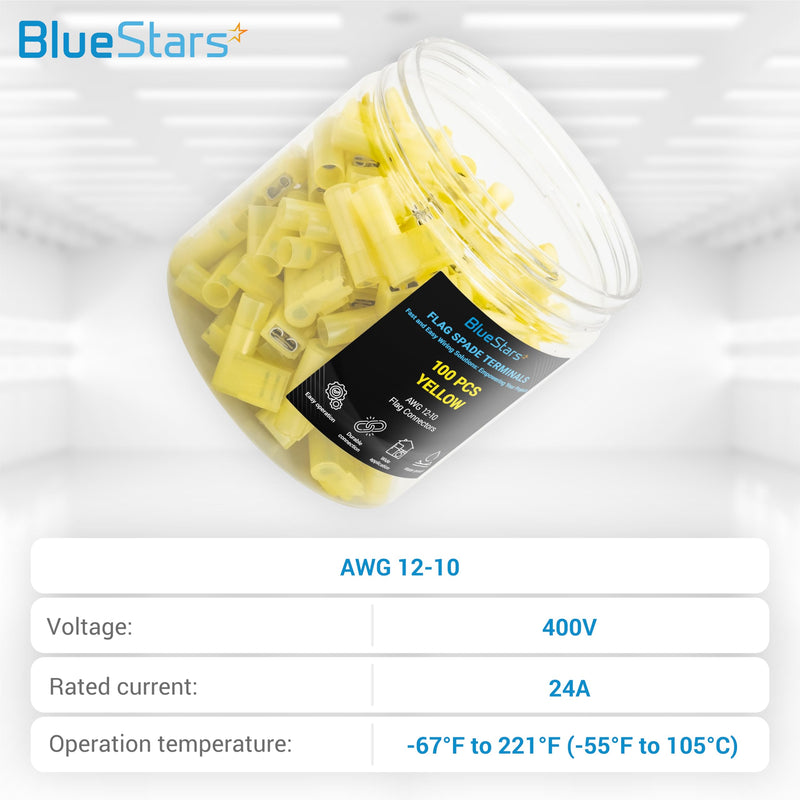 BlueStars 100 PCS Yellow Flag Spade Terminals Female AWG 12-10, 400V, 24A Electrical Connectors Kit, Nylon Flag Spade Quick Disconnects Female Wire Connector - Right Angle Yellow - 100 pieces