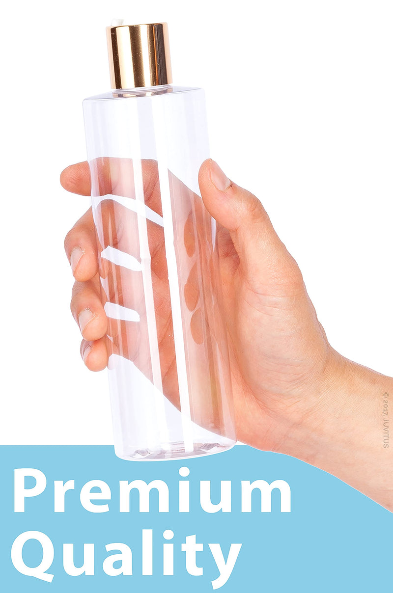 JUVITUS Clear 12 oz Professional Cylinder PET Plastic Bottles (BPA Free) (12 Pack, Gold Disc Cap) 12 Pack