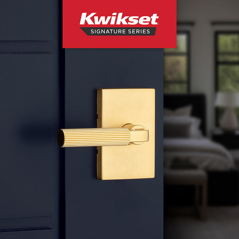 Kwikset Mirada Reeded Interior Privacy Door Handle with Lock, Handle for Bathroom and Bedroom, Satin Brass, Reversible Keyless Push Button Lock, with Microban Protection 1 Pack