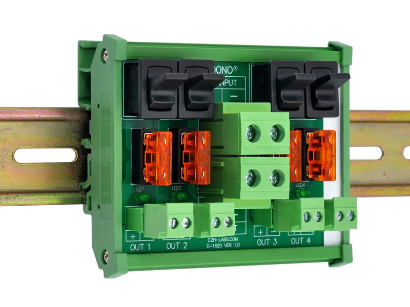 DC Power Distribution Module, Rocker Switch, Fused, Pluggable Top Wiring Terminal Block, DIN Rail and Screw Mount (4 Channel) 4 Channel