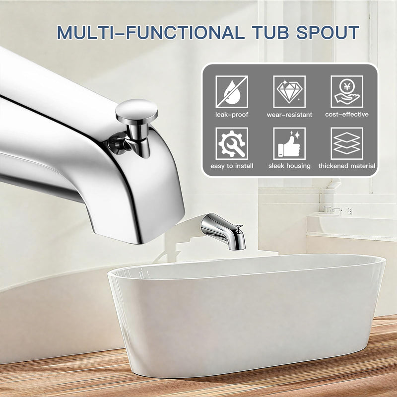 Metal Chromel Bathtub Spout with Diverter, All Metal,5.3 Inch Tub Spout, Fits 1/2" Copper Slip-On and 1/2" or 3/4" IPS Threaded Pipes, Leak-Free, Slip Fit Tub Spout with Pull-Up Diverter