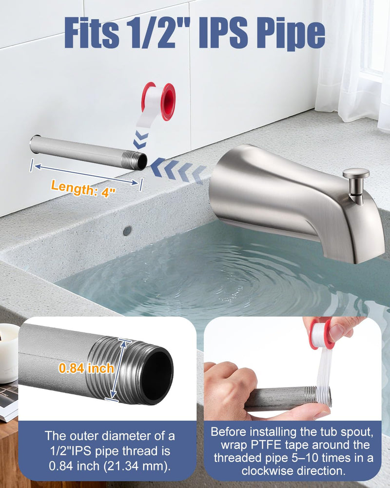 Universal Bathtub Tub Spout with Diverter, Wall Front Mount Tub Faucet Spout 1/2" IPS Thread, Compatible with Westbrass E531D-1F-62 Replacement (Brushed Nickel) Brushed Nickel