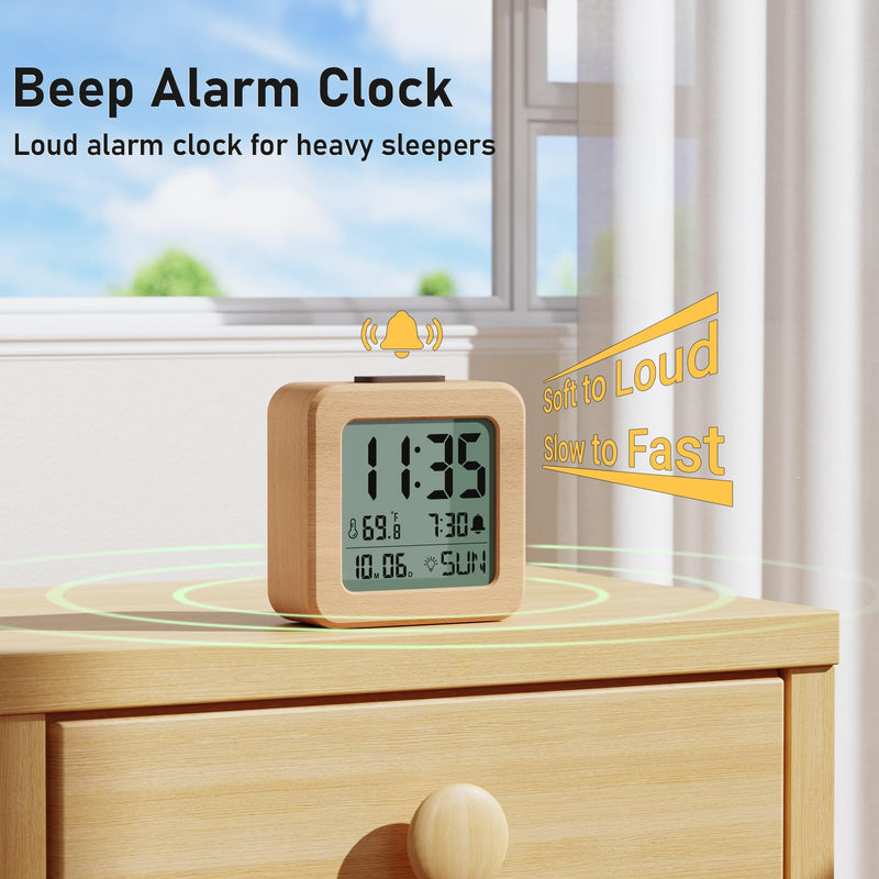 CHEREEKI Battery Operated Clock with Real Wood Case, Loud Alarm, Snooze, Automatic Light Sensor, Temperature, Date and Day of the Week Display (3 AAA Batteries Included)