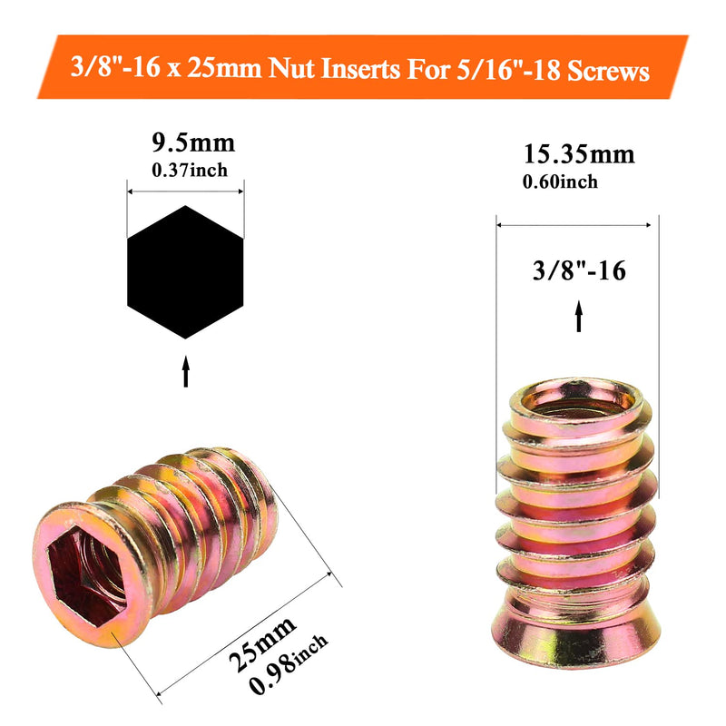 3/8-16 Threaded Inserts, Wood Inserts, Steel Threaded Inserts for Wood Furniture Screw, HELIFOUNER 15 Pieces 3/8”-16 x 25mm Threaded Inserts with Hex Wrench for Wood Furniture 3/8"-16 x 25mm