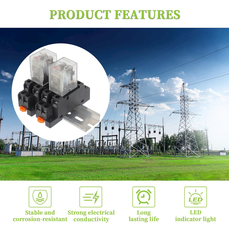 DC 12V Electromagnetic Power Relay JQX-13FL 62PL Coil 8 Pin 10A DPDT LED Indicator with Plug-in Terminal Socket and DIN Slotted Aluminum Rail 8Pin-10A-DC12V