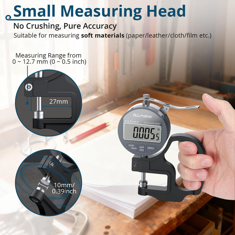 Digital Thickness Gauge, 0.01mm Resolution, 0-12.7mm Range | Electronic Micrometer Thickness Gage with LCD Display, Auto Zero, Inch/Metric Switch for Leather, Paper, Fabric, Plastic Film black 0-12.7mm,0.01mm