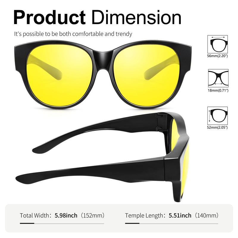 Polarized Sunglasses Over Glasses Women, Fit Over Glasses Sunglasses,Cat Eye Trendy Sun Shades UV400 Protection P12 Glossy Black/Night Vision Lens