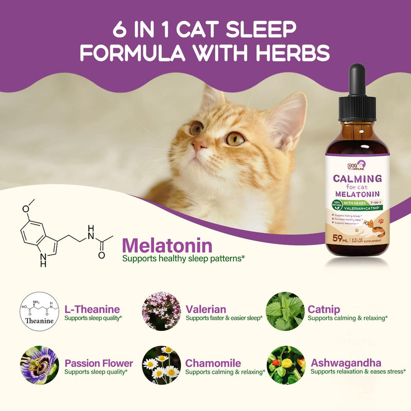 Cat Melatonin Natural Calming Drops, Support Falling Asleep & Healthy Sleep, Herbal Extract Relaxation Supplement with L-Theanine, Valerian, Catnip, Passion Flower and Chamomile. 2 oz