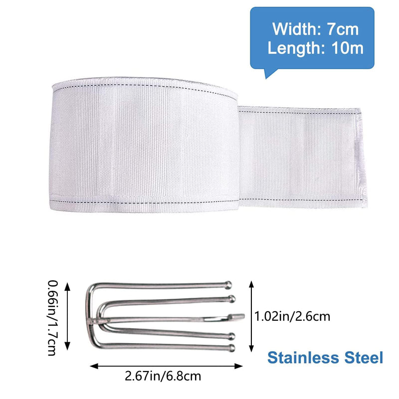 INCREWAY Curtain Accessory, 10 Meters/10.9 Yards White Curtain Tape Curtain Heading Deep Pinch Pleat Tape with 20 Pcs Stainless Steel 4 Prong Curtain Pleater End Tape Hooks Clips for Curtain DIY 10m*7cm 20 Hooks