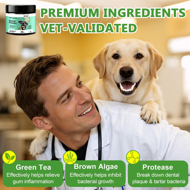 Dog Dental Powder for Plaque Removal - Gentle Dog Breath Freshener & Teeth Cleaning Powder Dental Care for All Dogs Green