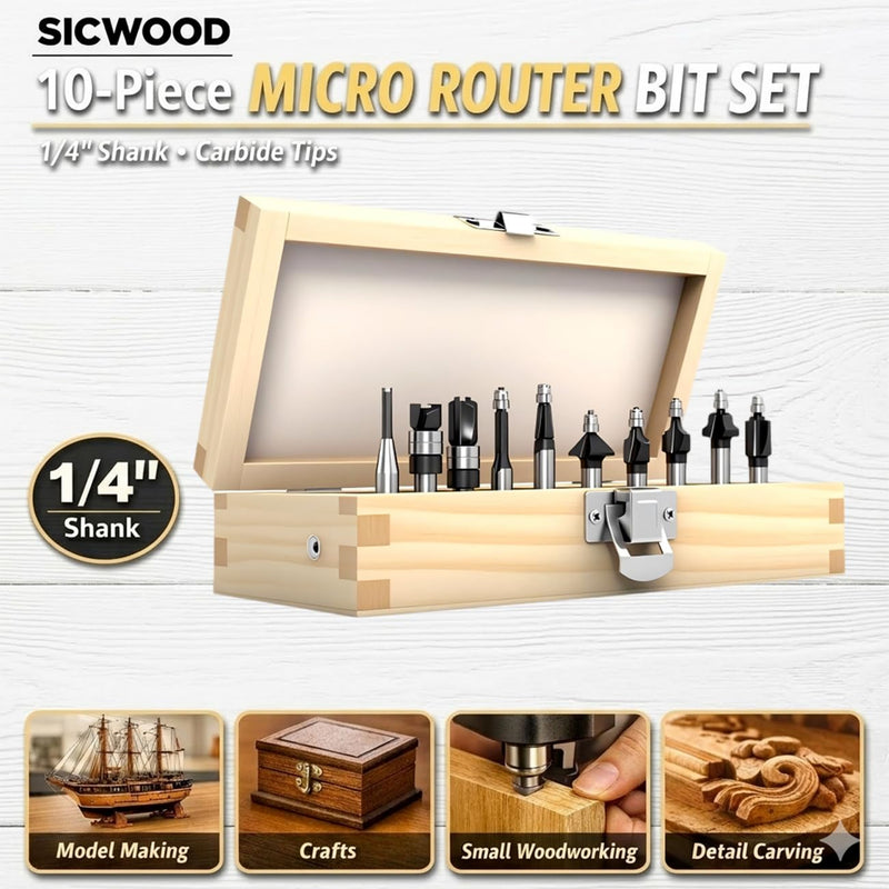 10-Piece Micro Router Bit Set, 1/4" Shank Carbide Mini Cutters for Model Making, Crafts & Detailed Woodworking, Flush Trim, Chamfer, Cove & Straight Profiles with Wooden Case
