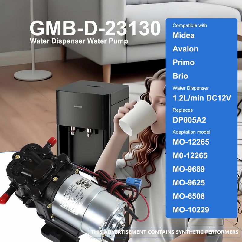 GMB-D-23130 Water Pump 1.2L/min Compatible with Midea Avalon Primo Brio Water Dispenser DC12V, Replaces DP005A2 MO-12265 Bottom Loading Bottled Water Cooler Dispenser