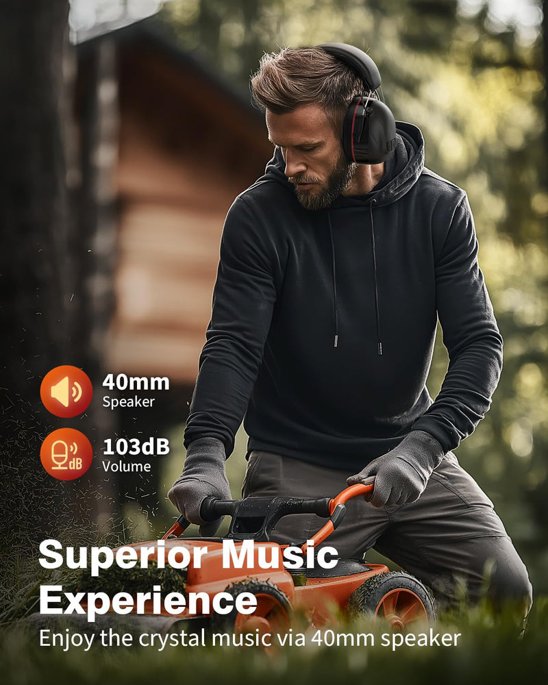 Bluetooth 6.0 Hearing Protection Headphones with 120H Working Time, 30dB SNR, Superior Stereo Sound Quality, Larger Buttons for Easy Operation, Safety Ear Muffs for Lawn Mowing, Workshops Black Polyvinyl Chloride