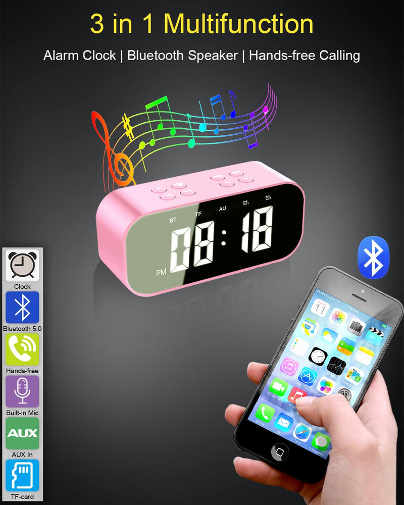 AFK Alarm Clock with Bluetooth Speaker for Bedroom,Small Digital Clock with Dual Alarms,Snooze,Mirror LED Display for Girls,Adults. Pink