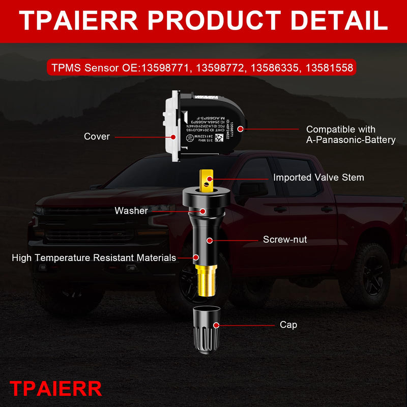 5Pcs TPMS Sensor with Relearn Tool, 315Mhz OE 13598771 13598772 13586335 13581558 EL-50448 Tire Pressure Monitoring System Compatible with Chevrolet/Chevy/Silverado/GMC/Buick/Cadillac (Black) Black