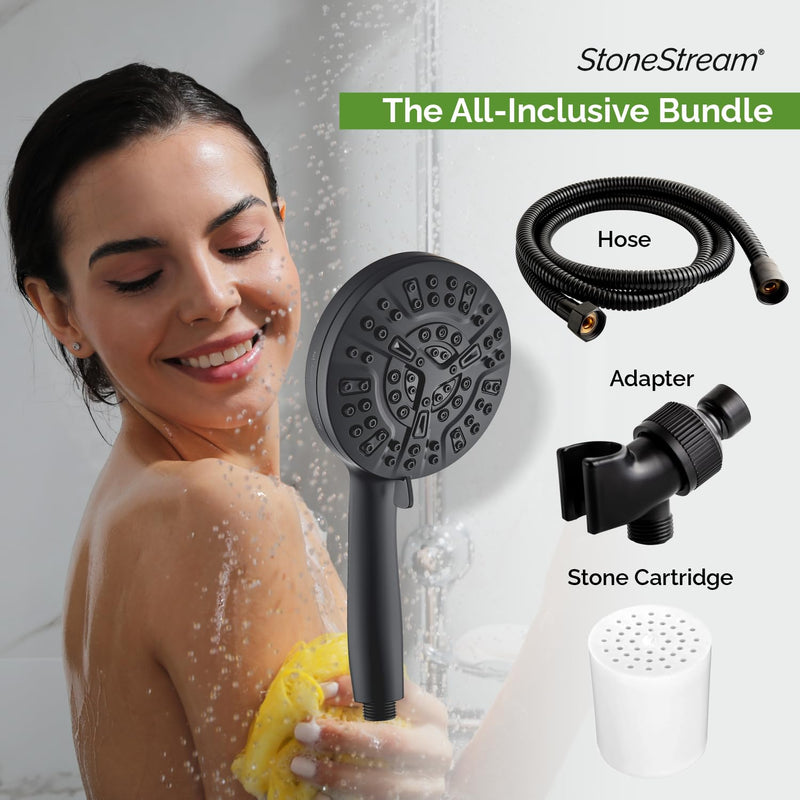 Original StoneStream 10 Mode Black showerhead + Hose + Adapter + Stones Cartridge | Unveil Showering Perfection | Elevate Your Bathroom with Sleek and Stylish Design | 10 Modes, Endless Bliss 4-in-1 Showerhead Kit