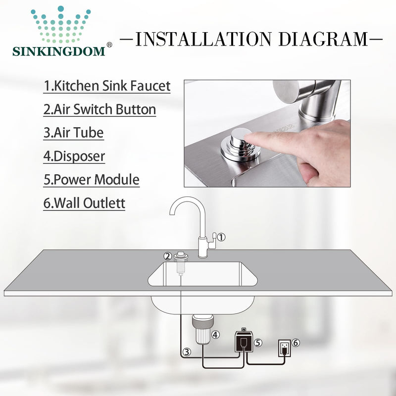 SinkTop Air Switch Kit with Chrome Long Button (Full Brass) for Garbage Disposal, Single Outlet