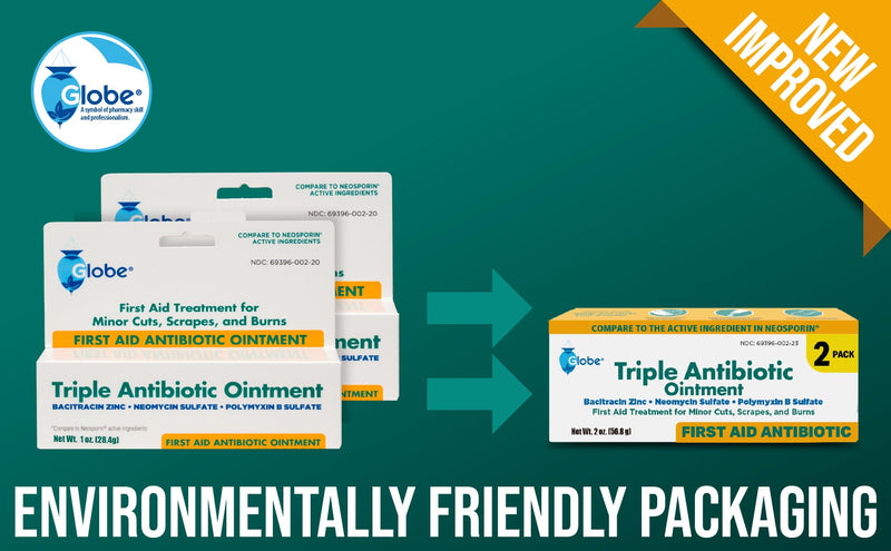 Globe Triple Antibiotic First Aid Ointment, 1 oz (2-Pack) First Aid Antibiotic Ointment, 24-Hour Infection Protection, Wound Care Treatment for Minor Scrapes, Burns and Cuts