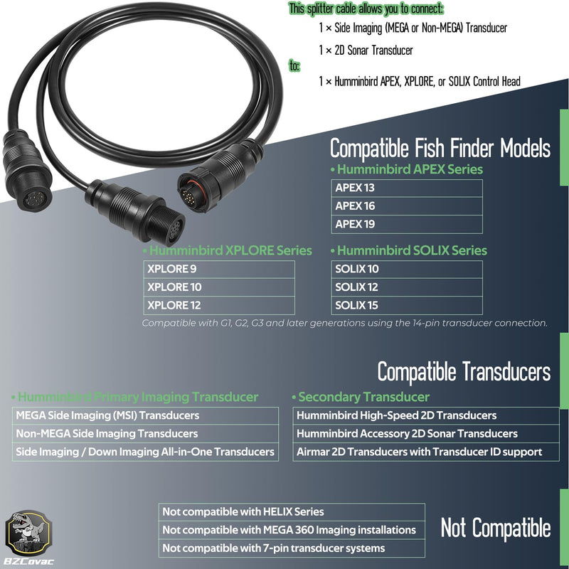 720111-1 14 M ID SIDB Y Splitter Cable for Humminbird - Compatible with SOLIX & APEX Fish Finders, Side Imaging & 2D Sonar Connection