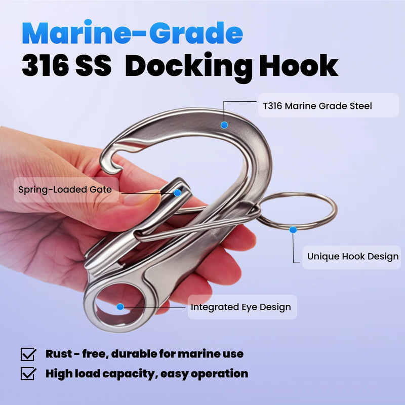 316 Stainless Steel Docking Hook Mooring Hook - Quick Release Snap Hook Clip Carabiner Spring Snap Hooks, 24 KN Load, 1 Piece - Kayak Boat Accessory for Remote Buoy Hitching, Easy to Attach