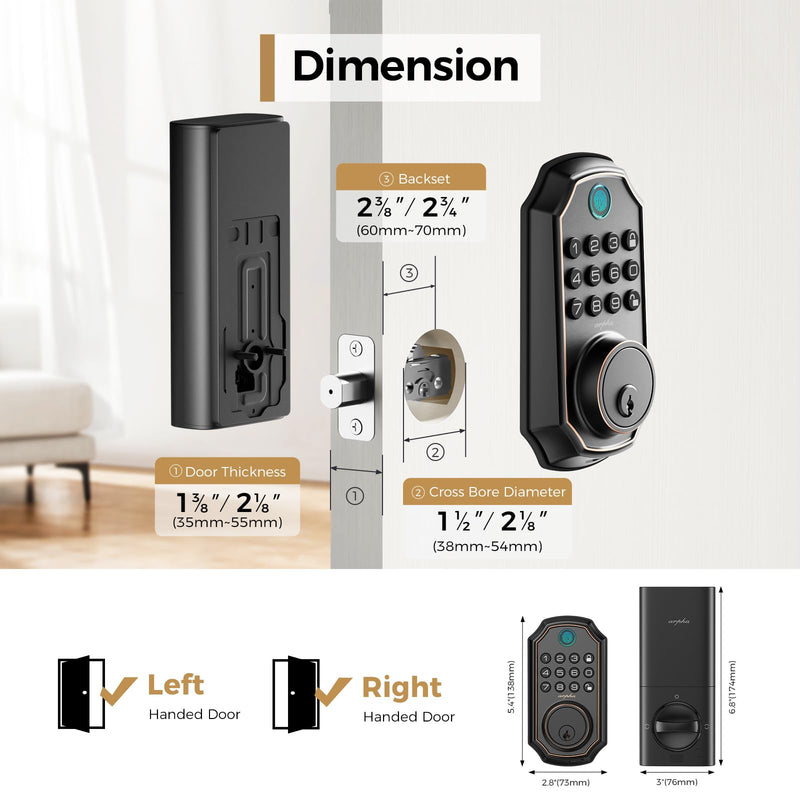 ARPHA Fingerprint Smart Door Lock - Keyless Entry Door Lock, Built-in WiFi Deadbolt with Keypad, APP Remote Control, Easy Installation (WiFi+Fingerprint+Password) WiFi+Fingerprint+Password