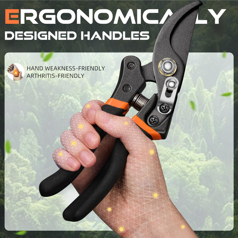 Pruning Shears for Gardening - DECERK 8.5" Professional Bypass Garden Scissors & Clippers for Branch Trimming, Super Sharp SK5 Blade, Ergonomic Handle, Gardening Gift Women Men - 2025 Heavy Duty Tools Black Orange