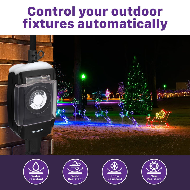 Fosmon Outdoor Light Timer Outlet Waterproof, 24 Hour Plug in Mechanical Pool Pump Timer Weatherproof, 3-Prong, Grounded, Heavy Duty, 15A 1/2HP 1 Pack