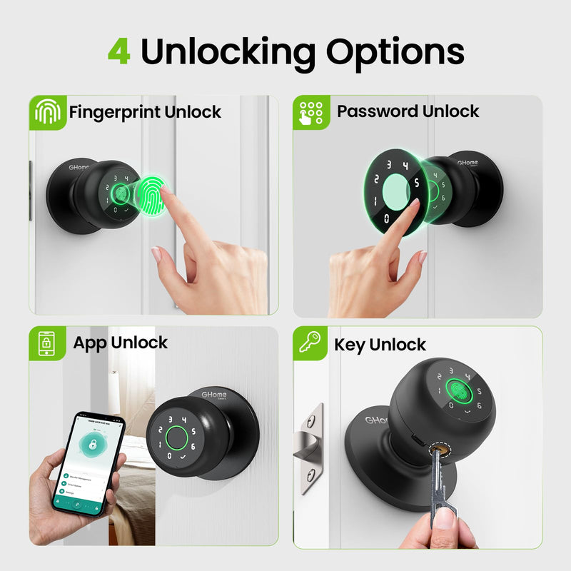 GHome Smart Fingerprint Door Lock, 4 in 1 Smart Fingerprint Door Knob with Keypad, App Control, Auto Lock, Biometric Door Knob with Lock for Bedroom, Apartment, Garage, Home & Office 4 IN 1 - Black