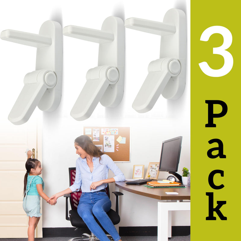 Door Lever Lock (3 Pack) Prevents Toddlers from Opening Doors. 3.25" L * 1.5" W * 4.5" H Easy One Hand Operation for Adults. Durable ABS with 3M Adhesive Backing. Simple Install, No Tools Needed. White