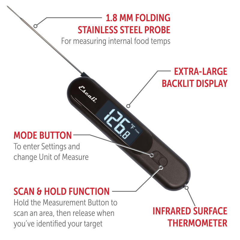 Escali Infrared Surface and Folding Probe Digital Thermometer Stainless Steel Probe, Two-in-One IR Technology