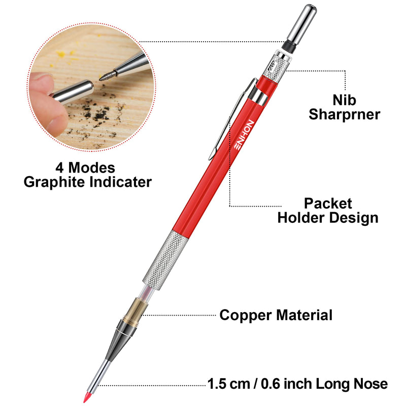 Enhon 2mm Mechanical Carpenter Pencil Set with 12 Marker Refills and Sharpener, Woodworking Marking Tool Solid Deep Hole Construction Pencil, Extended Needle-Nose Tip for Use in Jobs (Black, Red) Black, Red