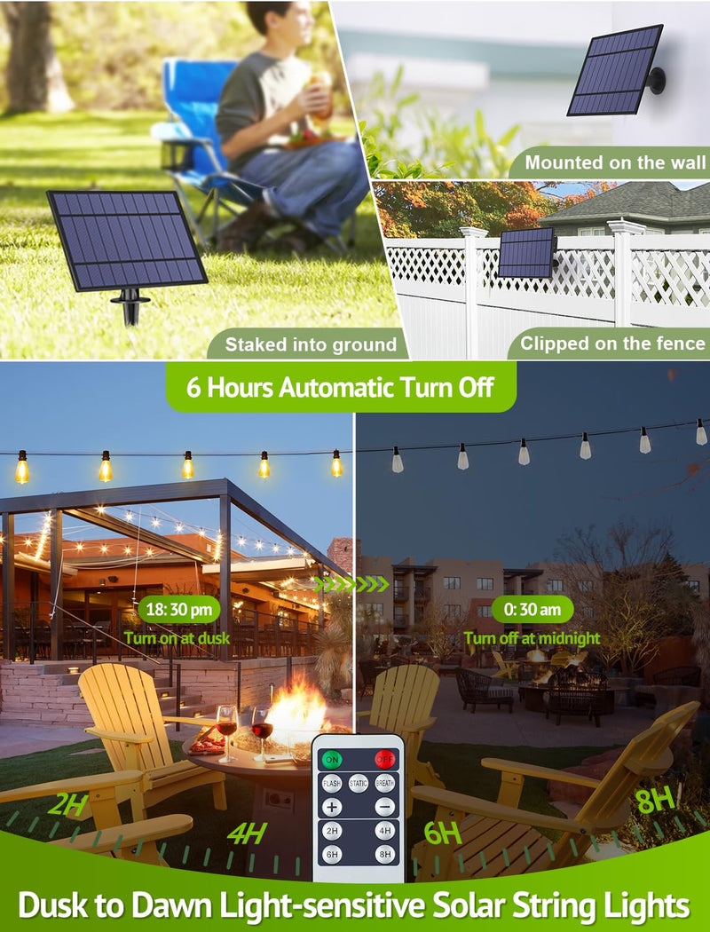 48FT Solar String Lights Outdoor with Remote, Waterproof Dimmable Patio Lights with 15+1 LED ST38 Bulbs 3 Modes Hanging Lighting for Backyard Black 1