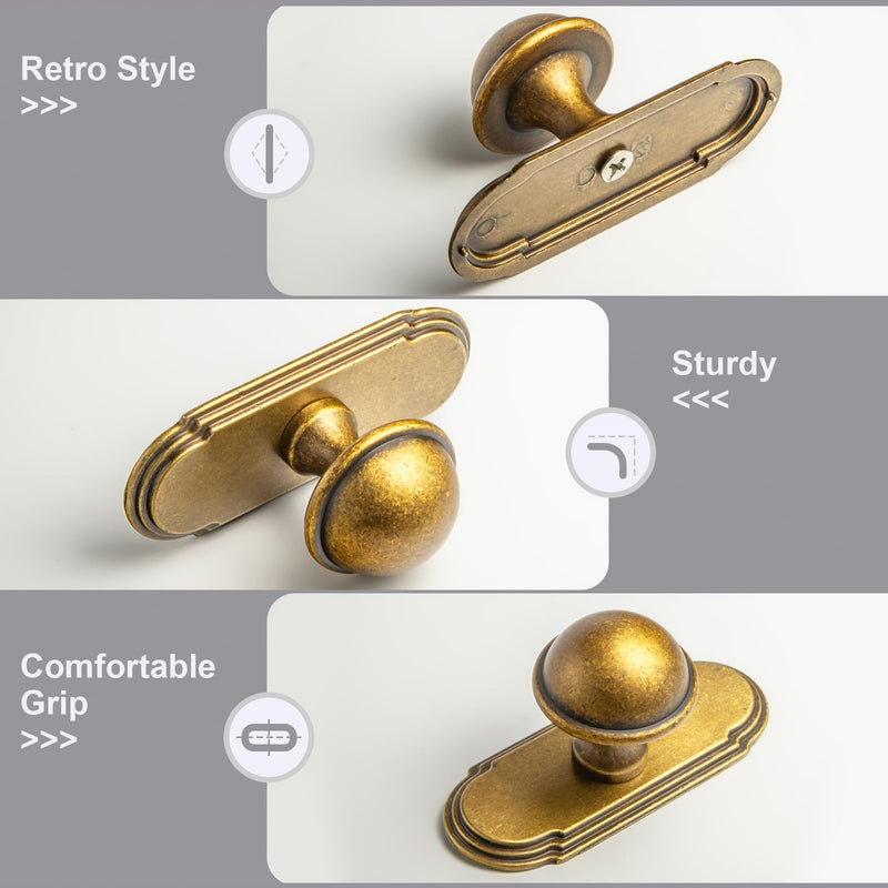 6 Pack Antique Brass Cabinet Knobs with Backplate, Sturdy Zinc Alloy Round Retro Style Dresser Handle Hardware for Bedroom, Kitchen 2504GT-G014 Orbit Rim